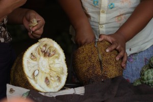 Peeling a jackfruit