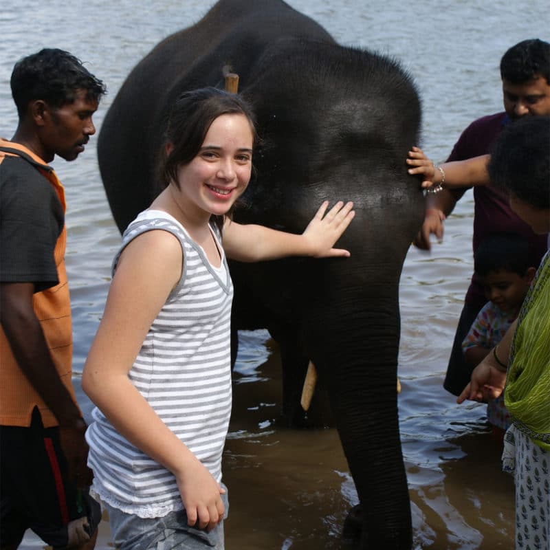 Kids washing elephants in India