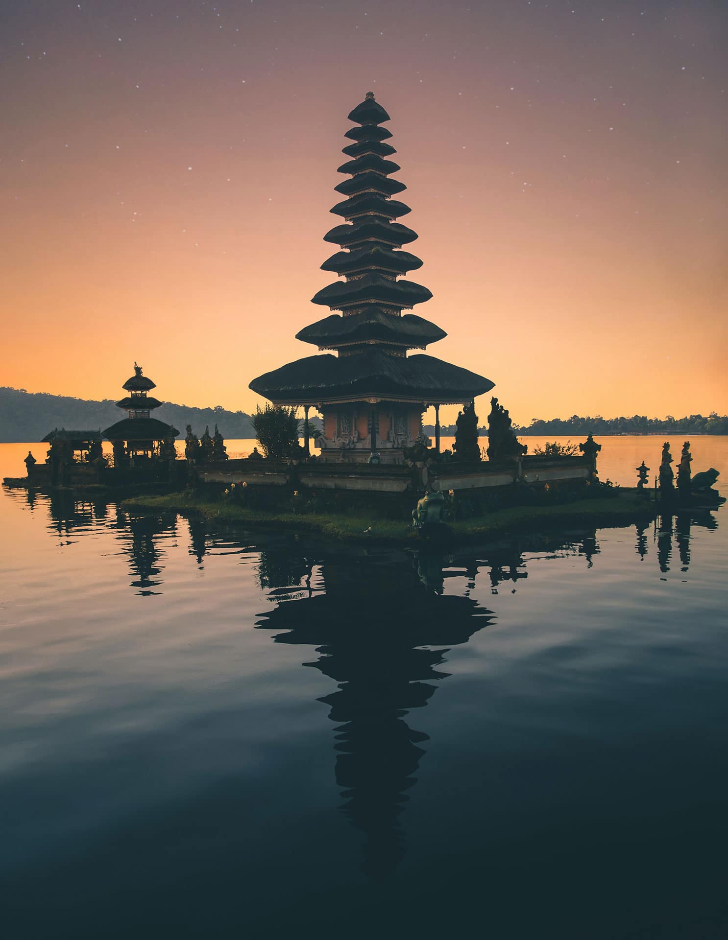 Sunset behind a temple in Indonesia